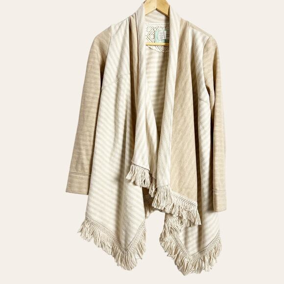Anthropologie Saturday Sunday Beige White Striped Fringe Cardigan Sweater Size S - Picture 1 of 7